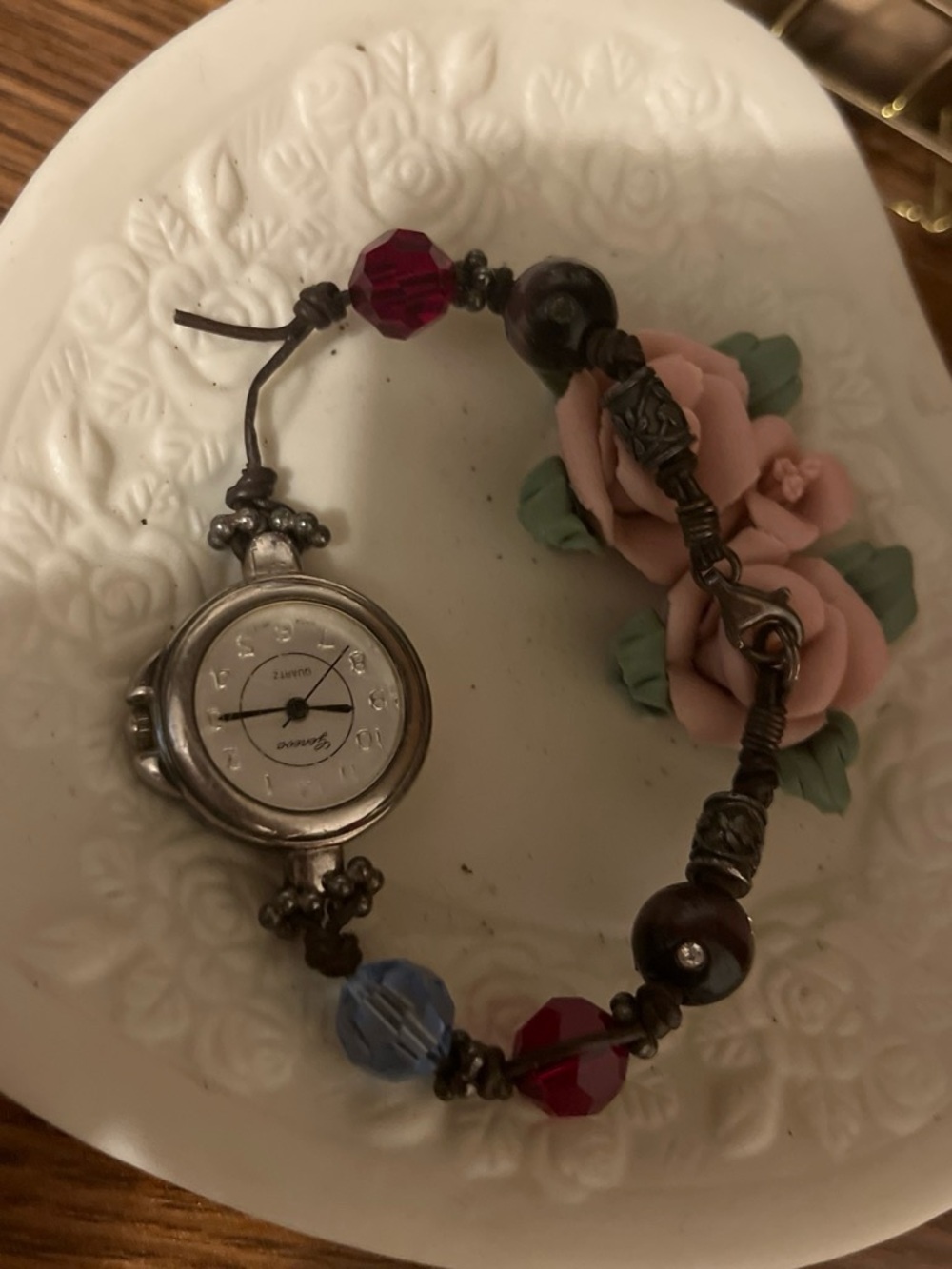 Beaded Floral Accent Silver-Tone Bracelet Watch - Pink & Multicolor